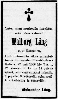 Walbog Lång, kuolinilmoitus